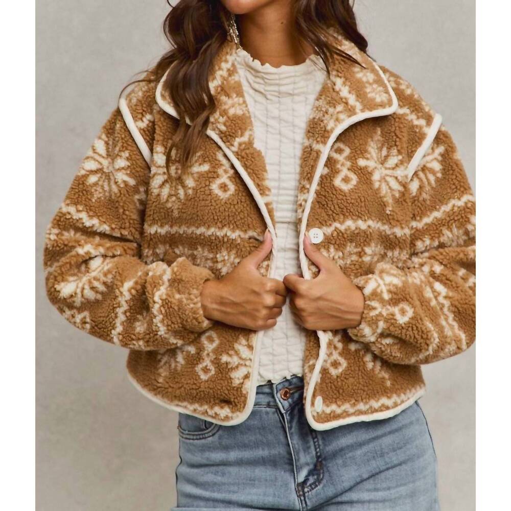 NEW SO ME sherpa faux fair isle button down jacket in camel